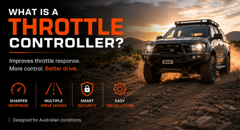 4WD driving on a dusty off-road track with throttle controller benefits including sharper response, drive modes, smart security and easy installation.