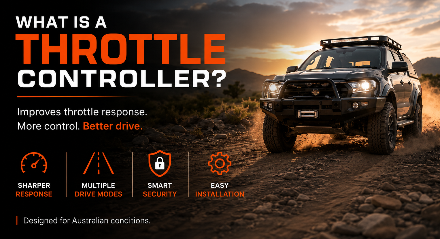 4WD driving on a dusty off-road track with throttle controller benefits including sharper response, drive modes, smart security and easy installation.