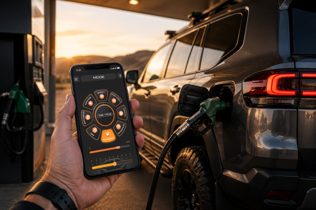 ECO Mode throttle controller app showing fuel economy settings while refuelling a 4WD by iThrottle Australia.