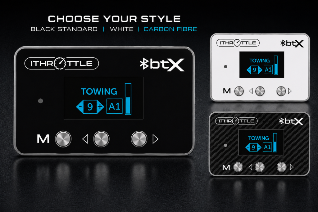Throttle controller showing black, white and carbon fibre faceplate options for custom vehicle interior styling by iThrottle Australia.