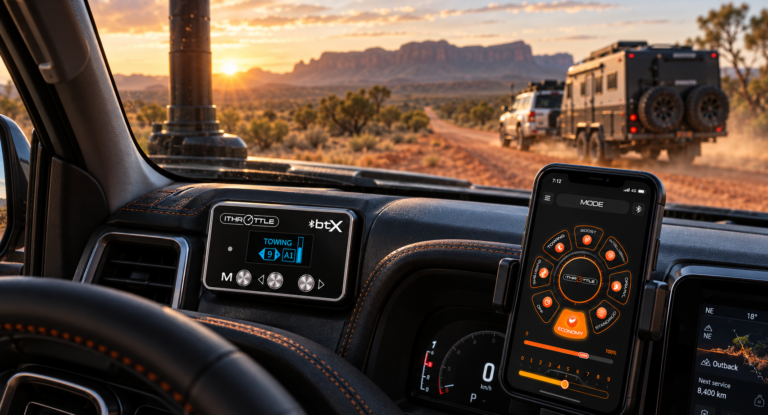 iThrottle BTX 4WD throttle controller with app control shown inside an Australian touring vehicle towing a caravan through the outback.