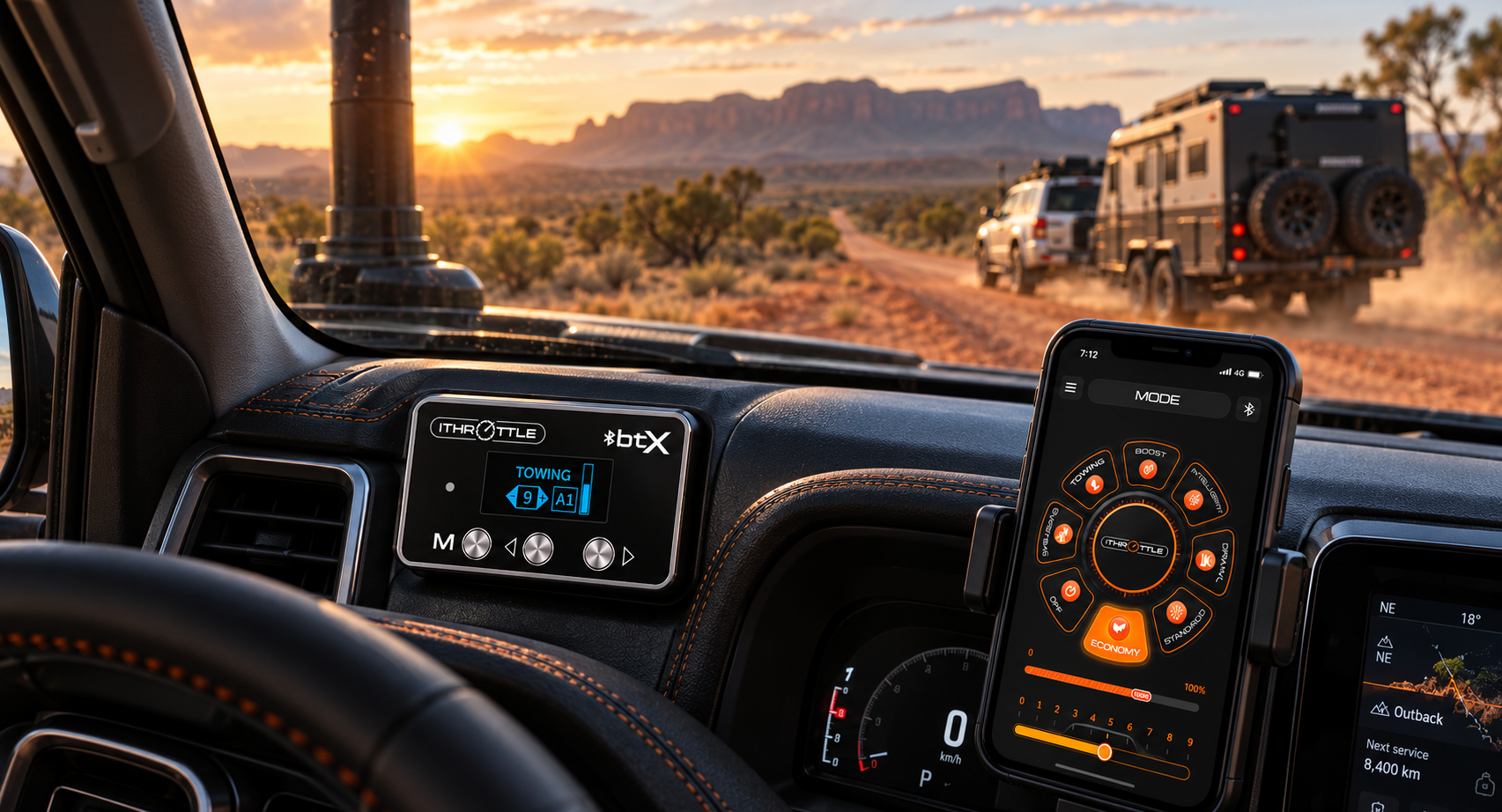 iThrottle BTX 4WD throttle controller with app control shown inside an Australian touring vehicle towing a caravan through the outback.