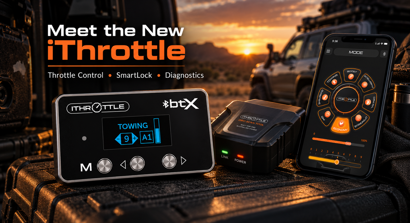 New iThrottle throttle controller featuring SmartLock, multiple drive modes, smartphone app control and OBDII engine diagnostics for 4WDs.