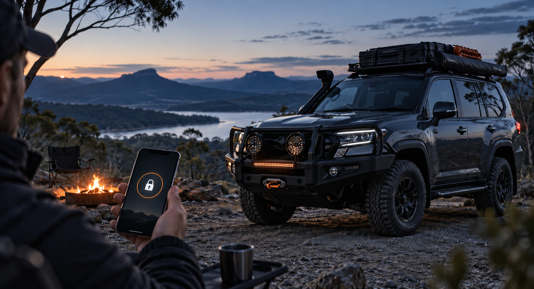 iThrottle SmartLock automatic pedal immobiliser shown securing a 4WD at a remote campsite using smartphone Bluetooth control.