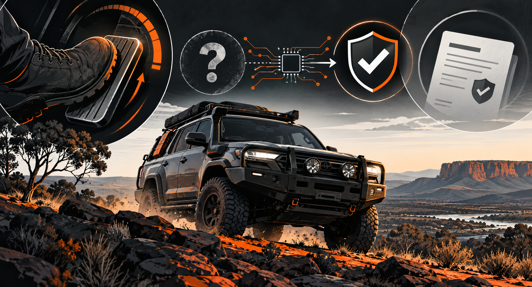 Illustration of a 4WD throttle system with accelerator pedal, electronics, safety and warranty symbols explaining throttle controller safety and reliability.
